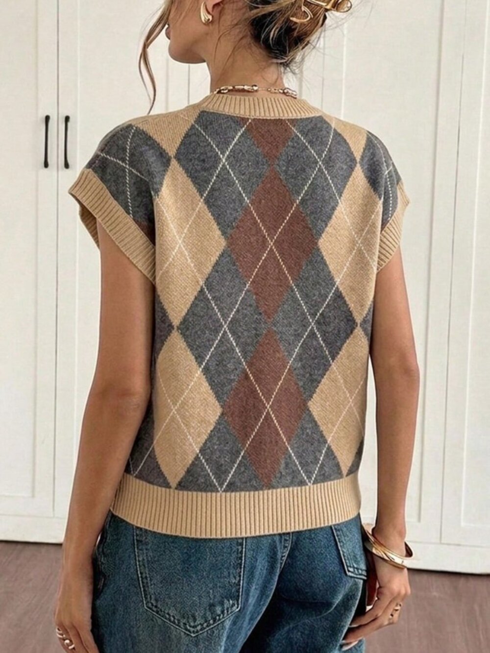 Multicolor Casual Women's Striped Argyle Jacquard Knit Top - Picture 2 of 5